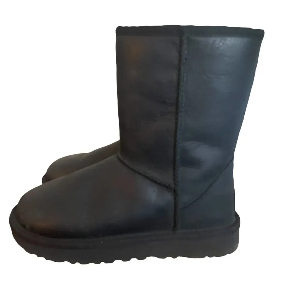 UGG Classic Short Boots Womens Size 5 Black Leather 1016559 Mid Calf